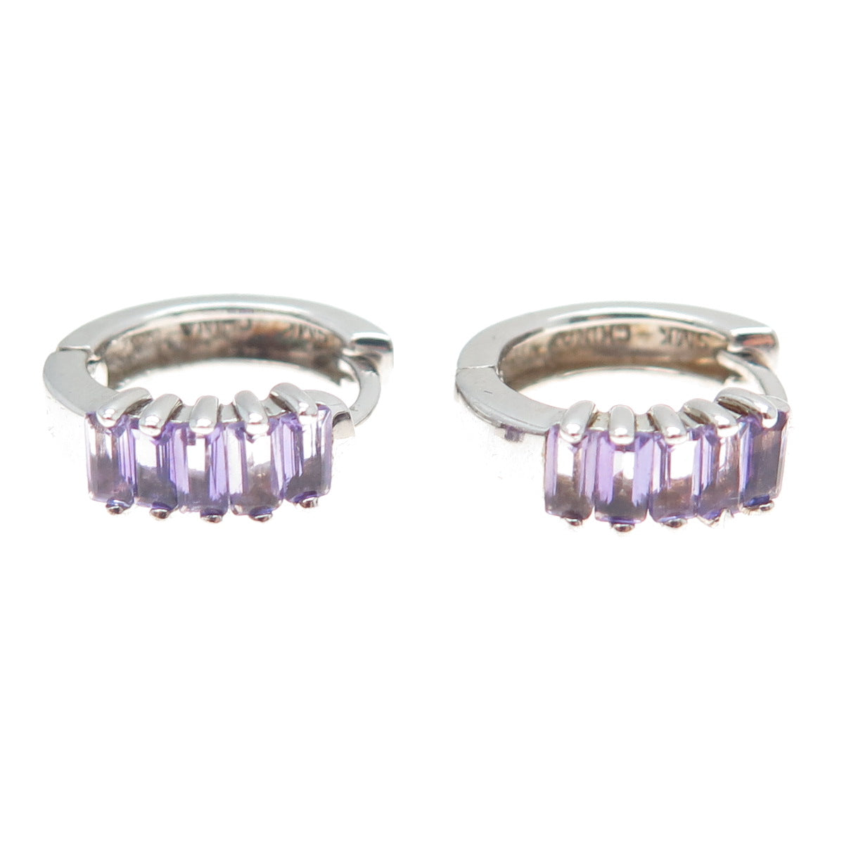 925 Sterling Silver Real Emerald-Cut Amethyst Hoop Earrings