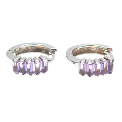 925 Sterling Silver Real Emerald-Cut Amethyst Hoop Earrings