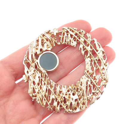 925 Sterling Gold Plated Vintage Real Green Onyx Modernist Crescent Pin Brooch