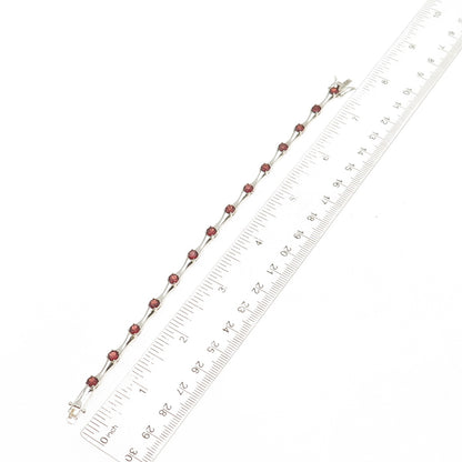 HAN 925 Sterling Silver Vintage Real Red Garnet Bamboo Link Bracelet 7.25"