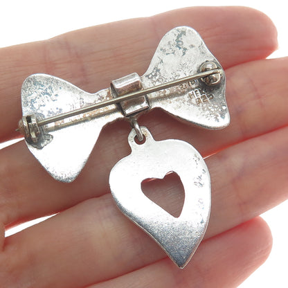 925 Sterling Silver Vintage Mexico Bow Open Heart Dangle Oxidized Brooch/Pendant