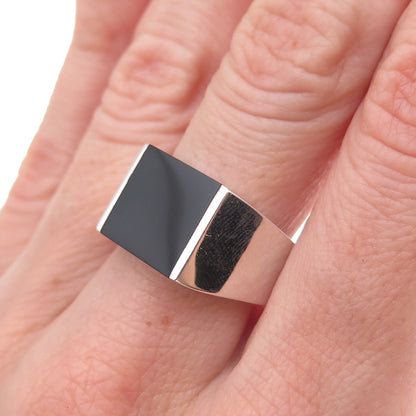 925 Sterling Silver Vintage Real Black Onyx Modernist Ring Size 8.75