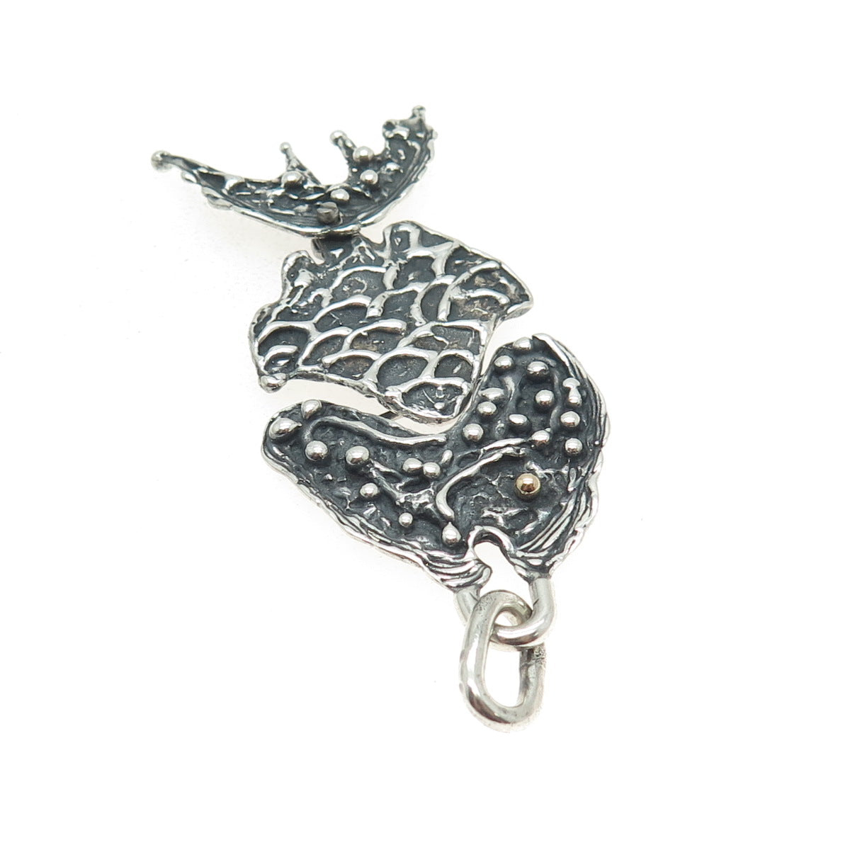 14K Gold & 925 Sterling Silver Vintage Modernist Fish Oxidized Pendant