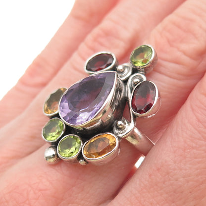 925 Sterling Silver Vintage Real Amethyst Peridot Citrine Red Garnet Ring Size 7