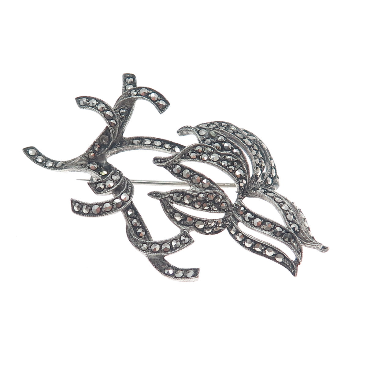 925 Sterling Silver Antique 1955 SGW Birmingham Marcasite Flower Oxidized Brooch