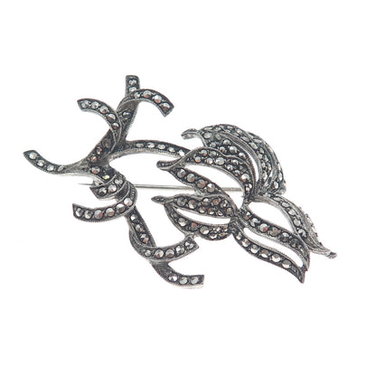 925 Sterling Silver Antique 1955 SGW Birmingham Marcasite Flower Oxidized Brooch