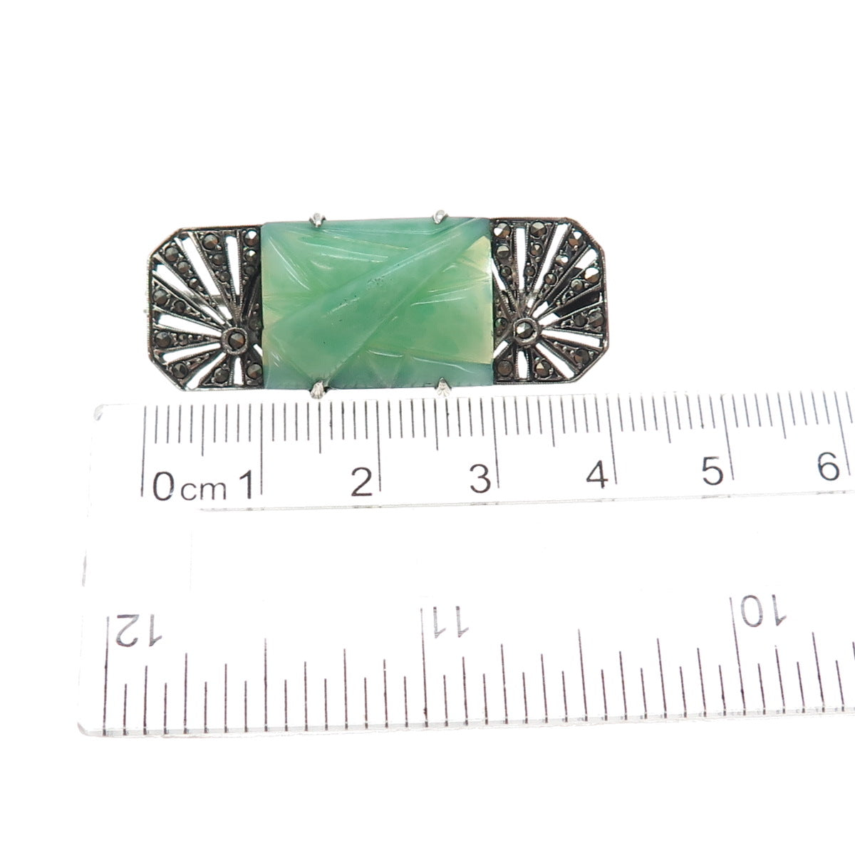 925 Sterling Silver Antique Faux Jade & Real Marcasite Oxidized Pin Brooch