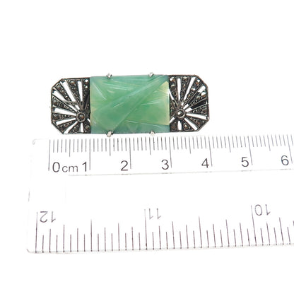 925 Sterling Silver Antique Faux Jade & Real Marcasite Oxidized Pin Brooch