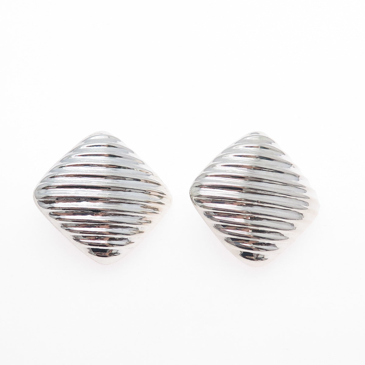 925 Sterling Silver Vintage Mexico Modernist Ribbed Clip On Earrings