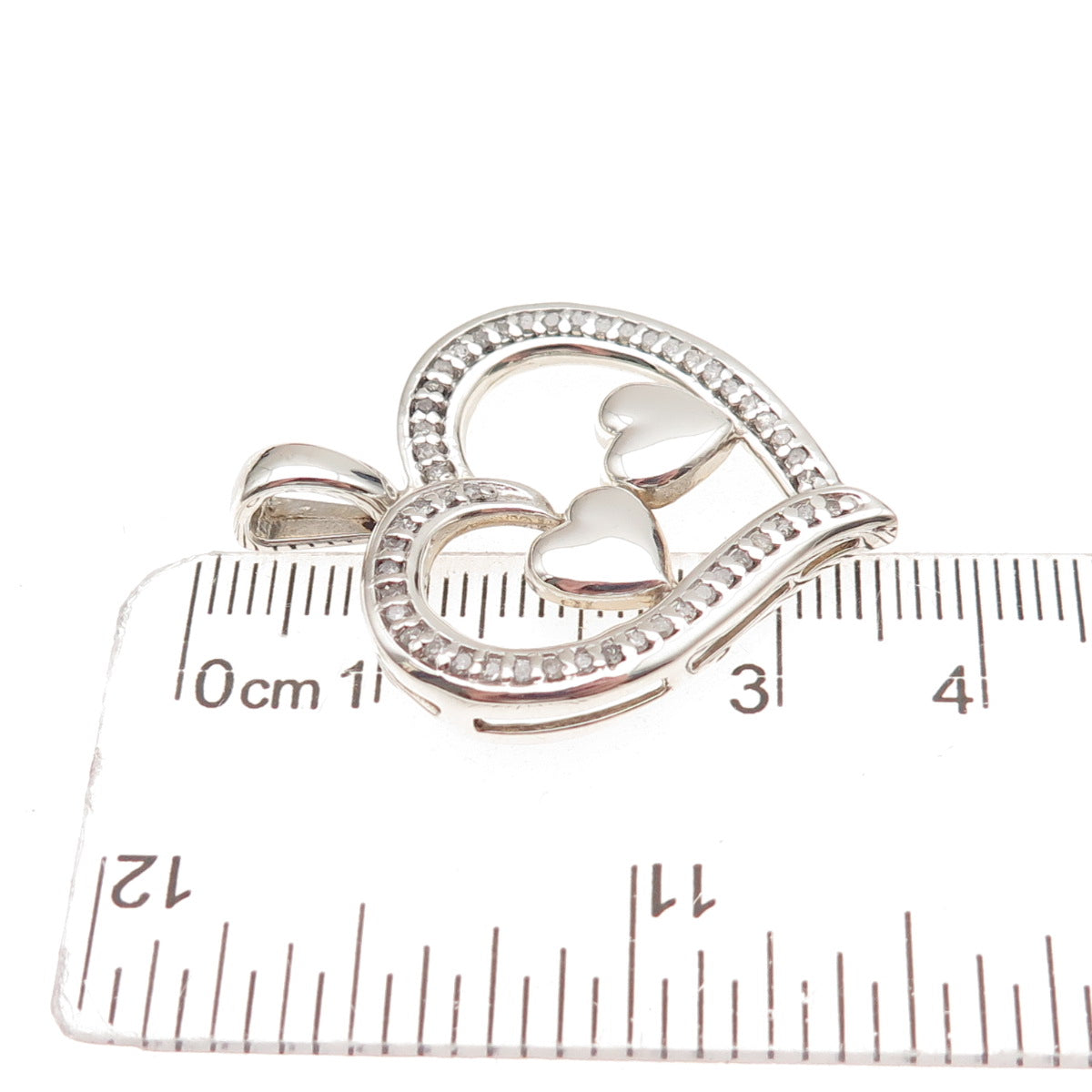 925 Sterling Silver Real Round-Cut Diamond Couple Heart Charm Pendant