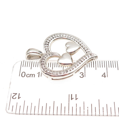 925 Sterling Silver Real Round-Cut Diamond Couple Heart Charm Pendant