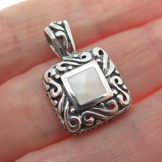 925 Sterling Silver Vintage Real MOP Ornate Oxidized Minimalist Charm Pendant