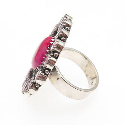 925 Sterling Silver Vintage Real Pink Agate & C Z Heart Adjustable Ring Size 9