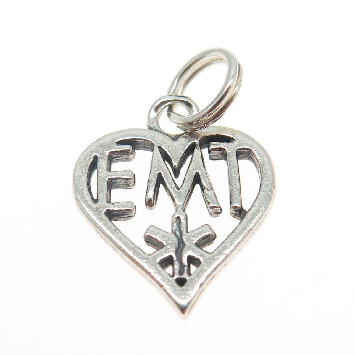 925 Sterling Silver Vintage Emergency Medical Technician Heart Charm Pendant