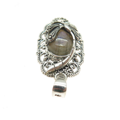 925 Sterling Silver Vintage Real Labradorite Dragonfly Oxidized Pendant