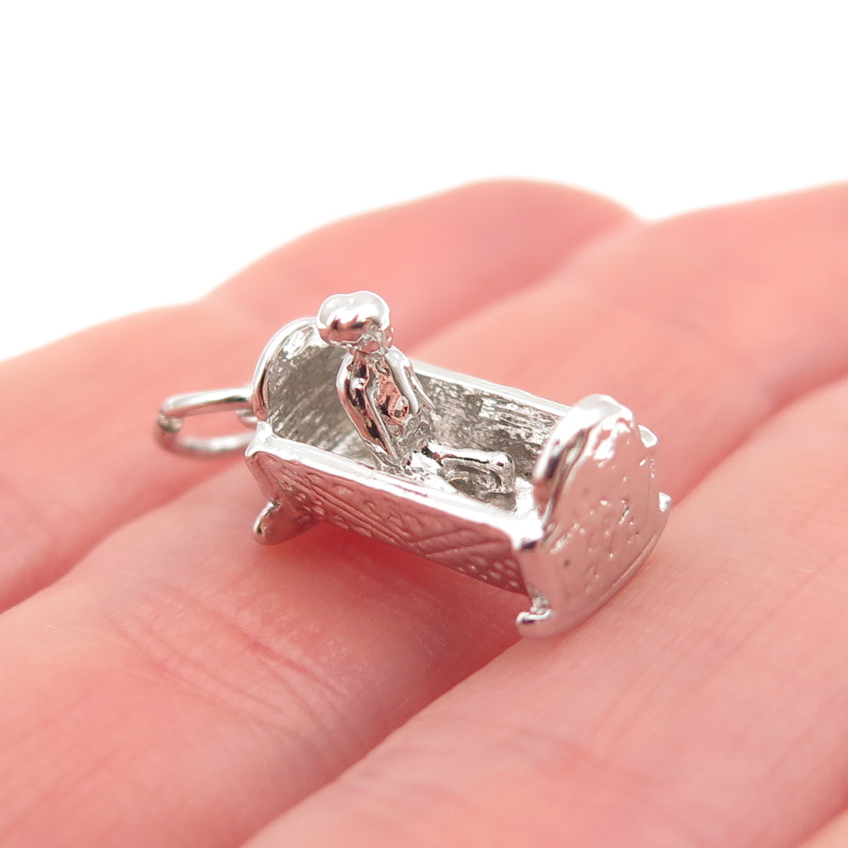 925 Sterling Silver Vintage Baby Rocking Cradle 3D Mini Charm Pendant