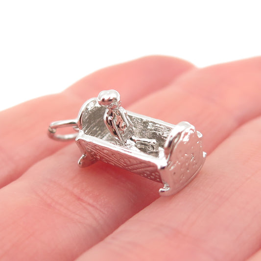 925 Sterling Silver Vintage Baby Rocking Cradle 3D Mini Charm Pendant