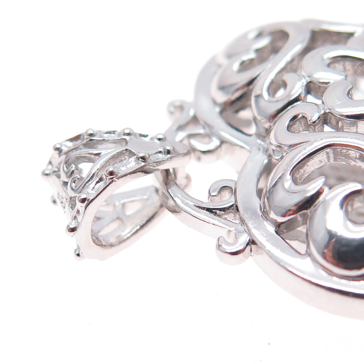 925 Sterling Silver Real Round-Cut Diamond Ornate Heart Charm Pendant