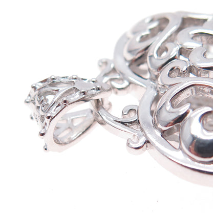 925 Sterling Silver Real Round-Cut Diamond Ornate Heart Charm Pendant