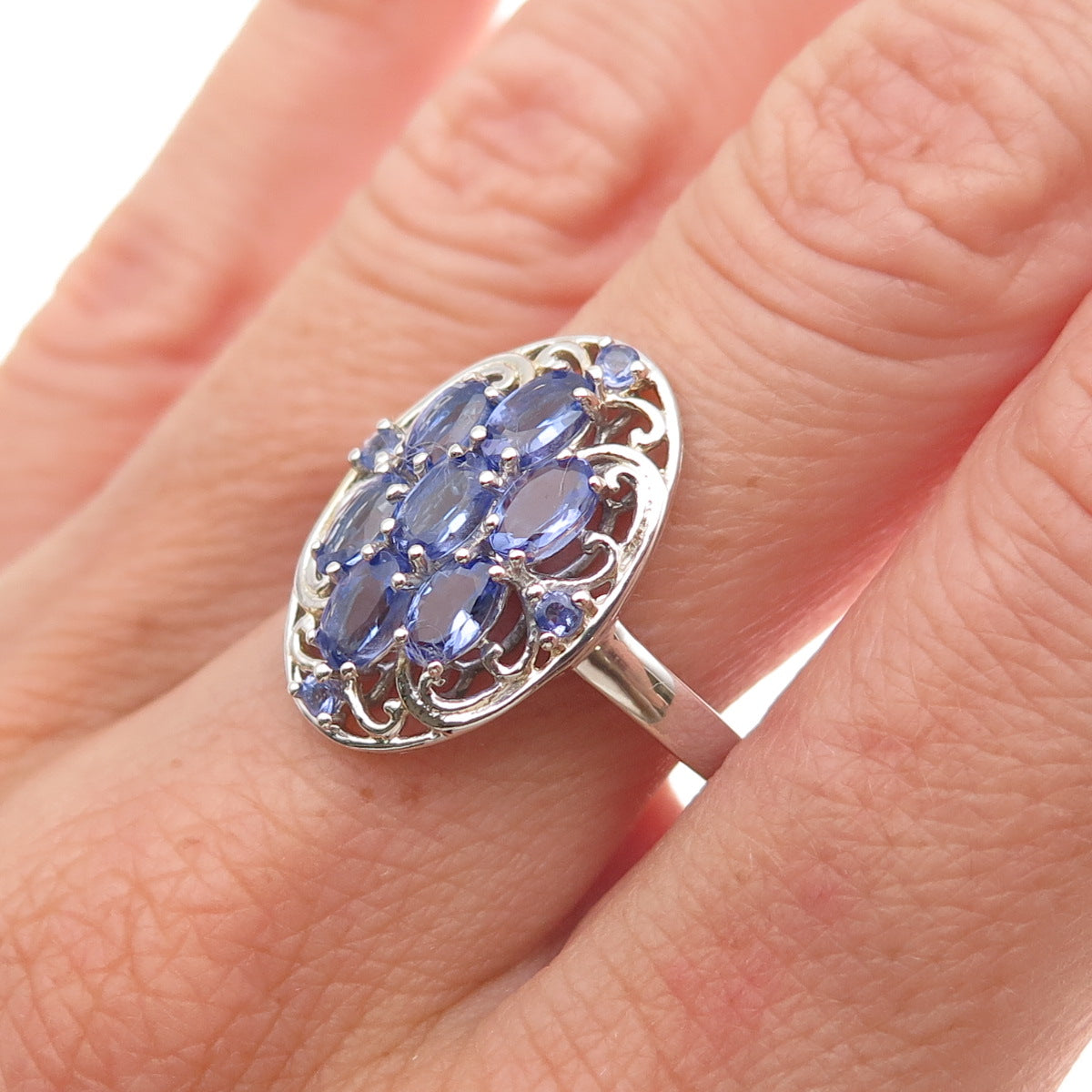 Chuck Clemency 925 Sterling Silver Real Oval & Round-Cut Tanzanite Ring Size 8