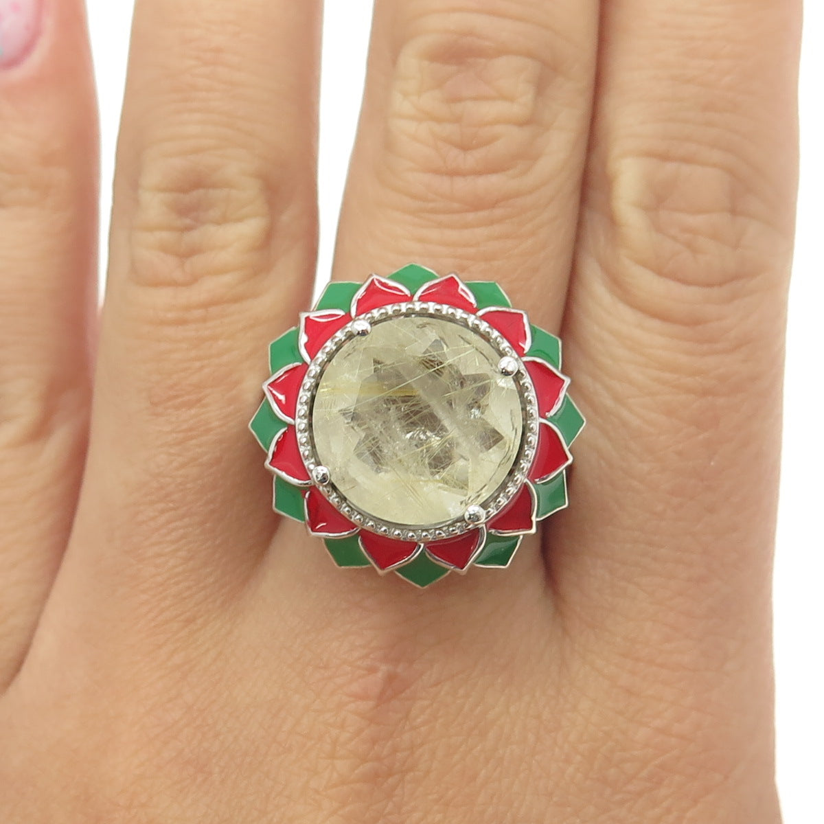 CHUCK CLEMENCY 925 Sterling Silver Real Rutilated Quartz Enamel Ring Size 11.25