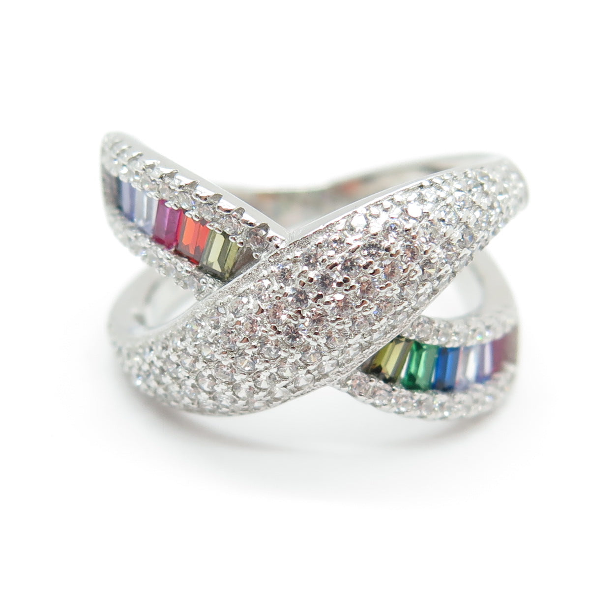 925 Sterling Silver Round Baguette-Cut Multi-Color C Z Crisscross Ring Size 6.25