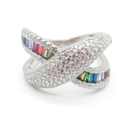 925 Sterling Silver Round Baguette-Cut Multi-Color C Z Crisscross Ring Size 6.25