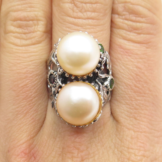 925 Sterling Silver Vintage Real Pearl Red Garnet & Peridot Ring Size 8.25