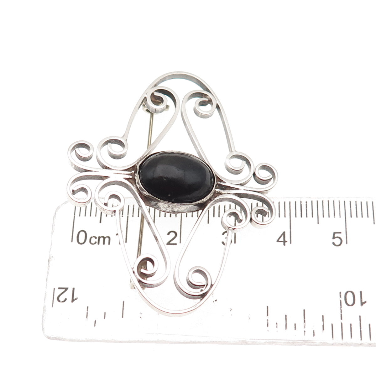 925 Sterling Silver Vintage Mexico Real Black Onyx Swirl Oxidized Pin Brooch
