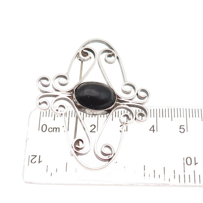 925 Sterling Silver Vintage Mexico Real Black Onyx Swirl Oxidized Pin Brooch