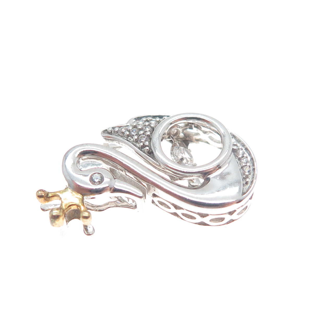 925 Sterling Silver 2-Tone Round-Cut Shaped C Z Swan w/Crown Slide Pendant