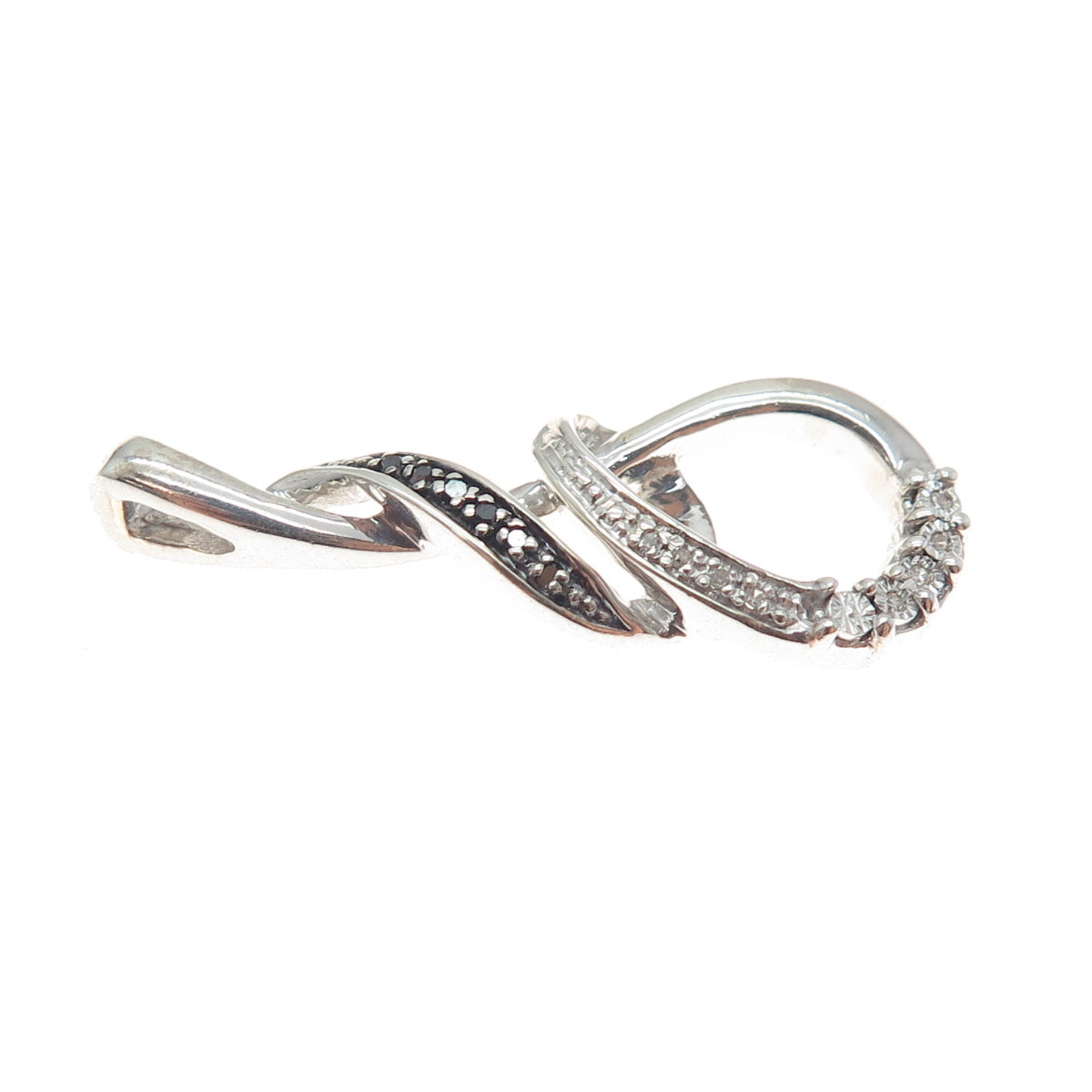925 Sterling Silver Real Round-Cut Black & White Diamond Twisted Charm Pendant