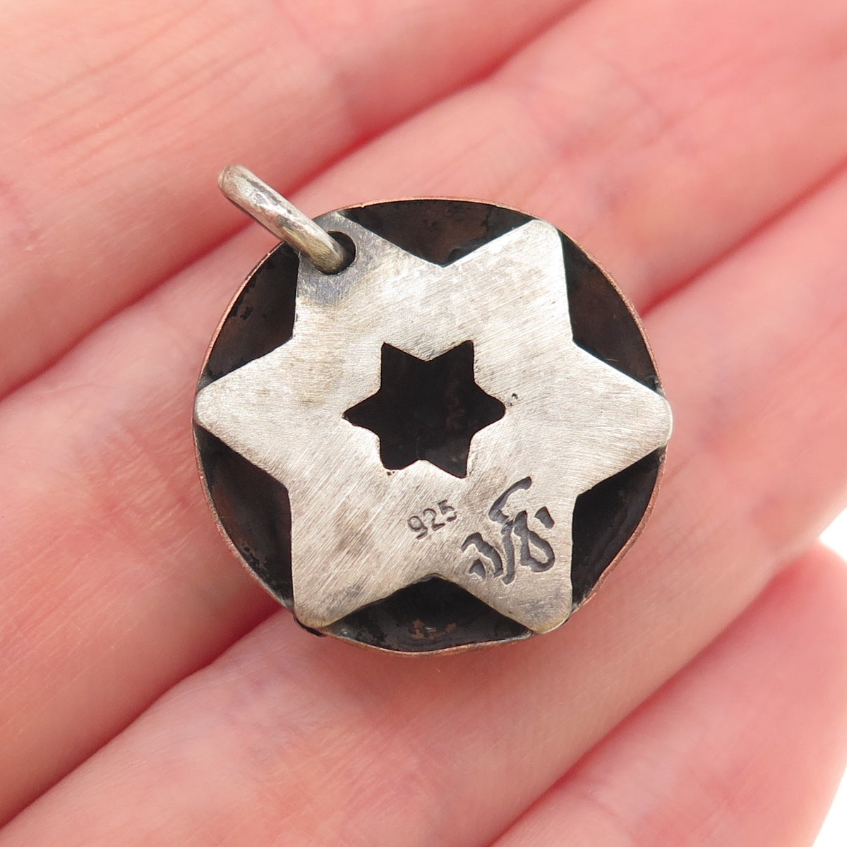 925 Sterling Silver 2-Tone Vintage Star of David Spiral Oxidized Charm Pendant