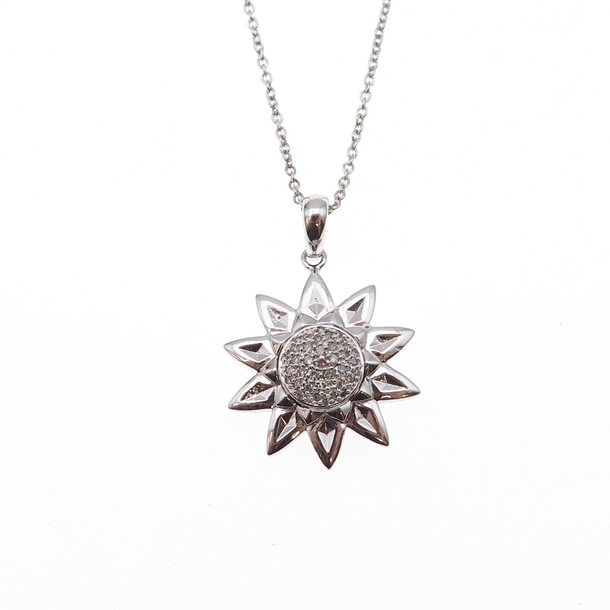 925 Sterling Silver Mexico Real Diamond Sun Cable Chain Necklace 18"
