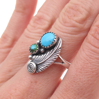 Old Pawn 925 Sterling Silver Vintage Turquoise Feather Tribal Ring Size 8.5