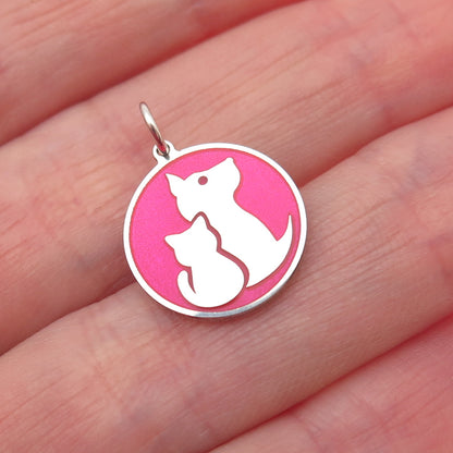 925 Sterling Silver Pink Enamel Dog & Cat Mini Tag Charm Pendant