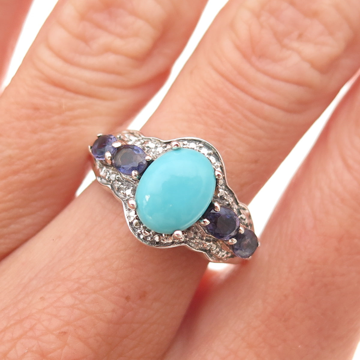 Chuck Clemency 925 Sterling Real Sleeping Beauty Turquoise & Iolite Ring Size 7