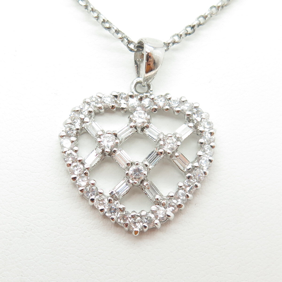 925 Sterling Silver Round & Baguette-Cut C Z Heart Cable Chain Necklace 16"