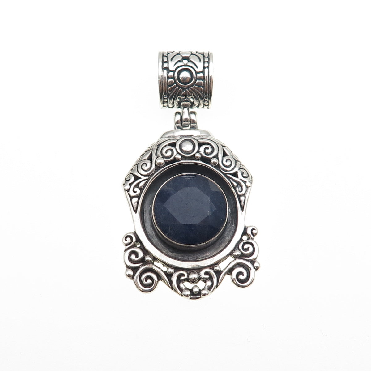 925 Sterling Silver Vintage Real Sodalite Ornate Oxidized Pendant