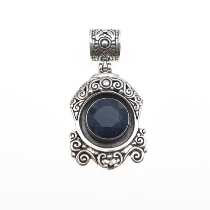 925 Sterling Silver Vintage Real Sodalite Ornate Oxidized Pendant