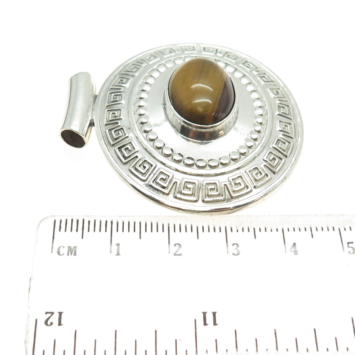 925 Sterling Silver Vintage Mexico Real Tiger Eye Greek Maze Slide Pendant