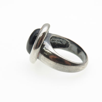 925 Sterling Silver Vintage Real Black Onyx Modernist Oxidized Ring Size 9