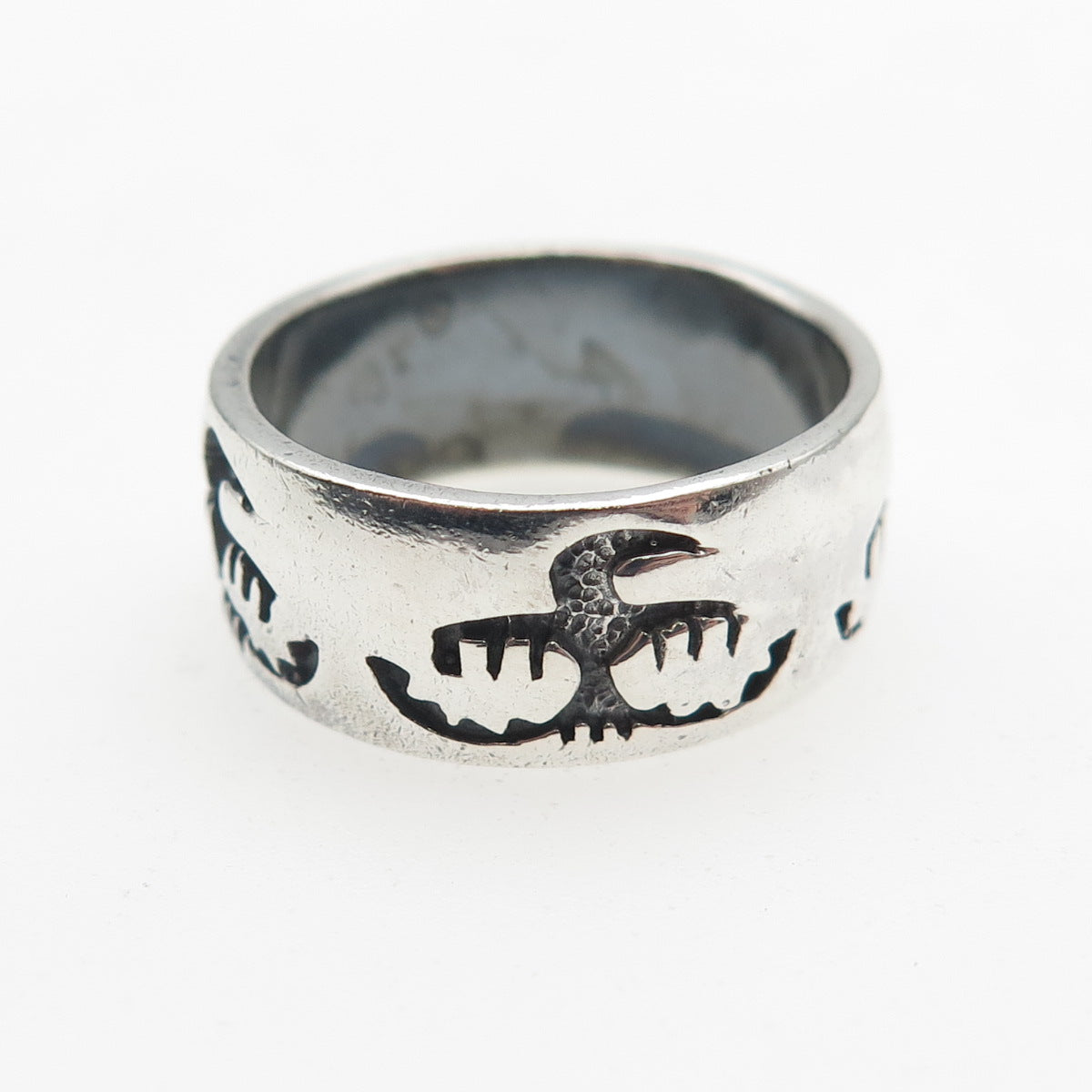 Peter Stone 925 Sterling Silver Vintage Tribal Bird Oxidized Band Ring Size 6.5