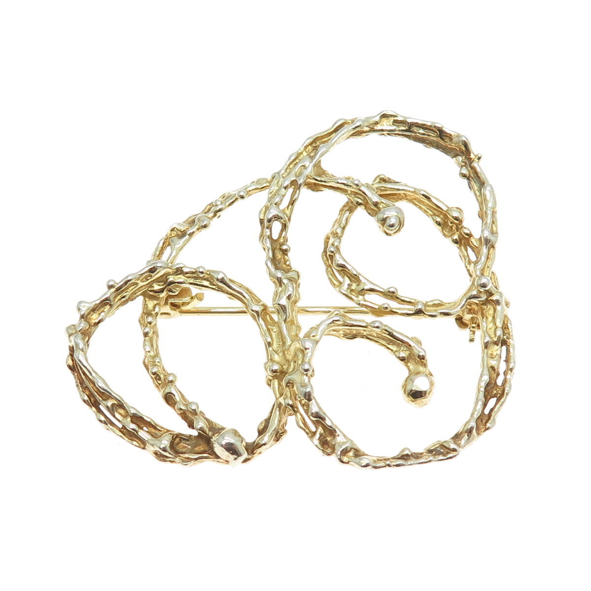 925 Sterling Silver Gold Plated Vintage Nugget Modernist Swirl Pin Brooch