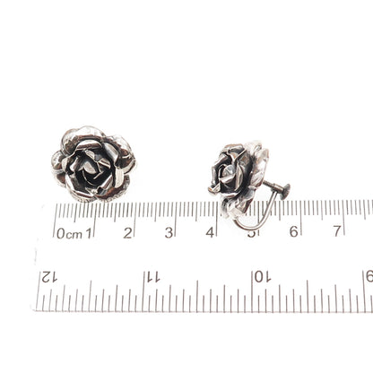 925 Sterling Silver Antique Art Deco Rose Flower Oxidized Screw Back Earrings