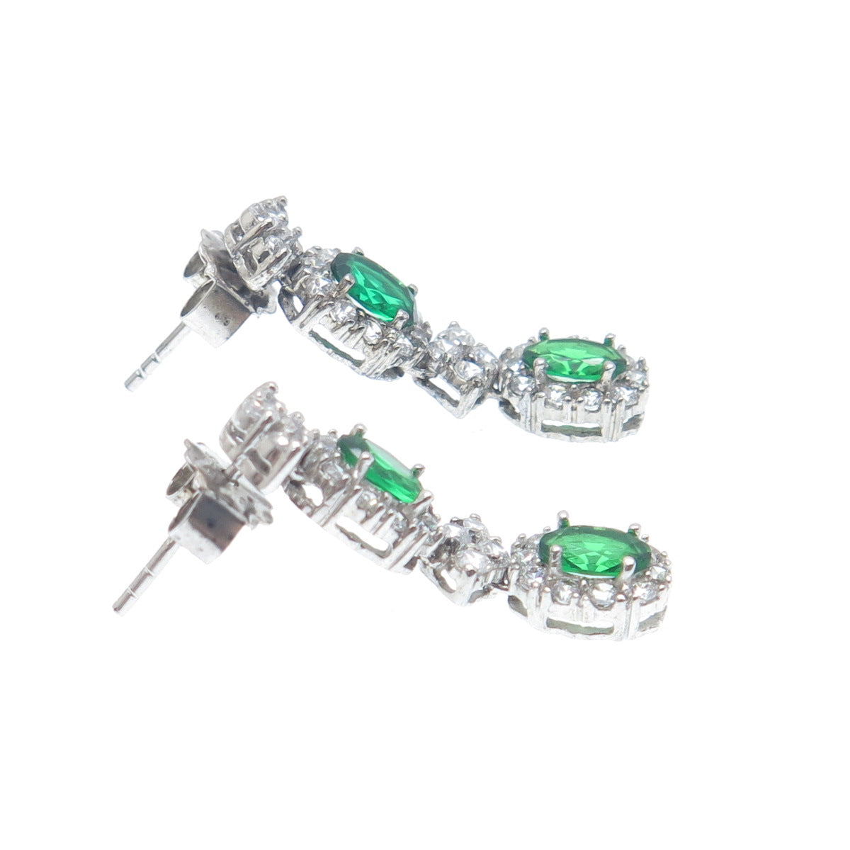 925 Sterling Silver Oval-Cut Green & Round-Cut White C Z Dangle Earrings