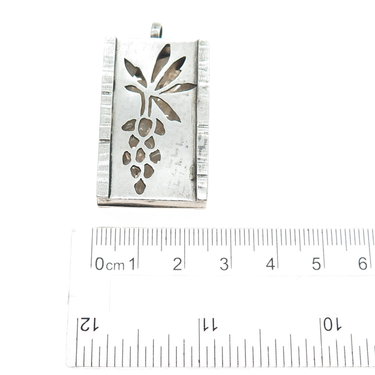 925 Sterling Silver Vintage Real Quartz Grape Shadow Box Oxidized Charm Pendant