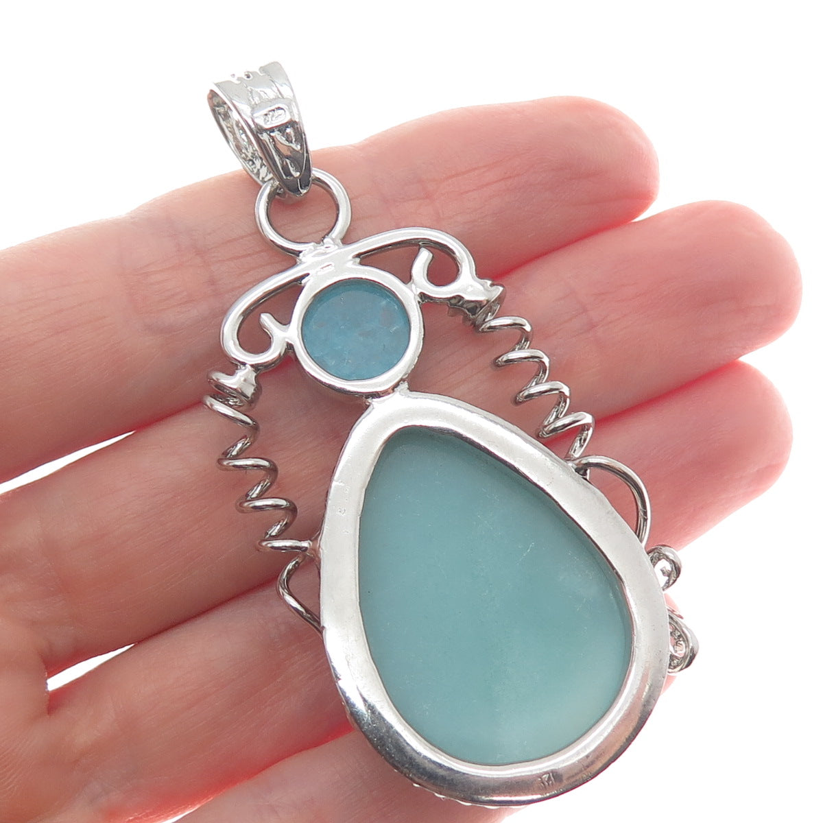 925 Sterling Silver Vintage Real Larimar Blue Quartz Butterfly Teardrop Pendant
