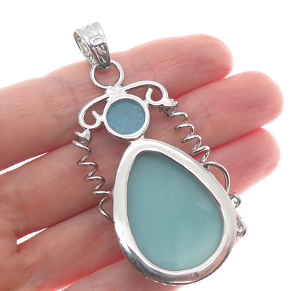 925 Sterling Silver Vintage Real Larimar Blue Quartz Butterfly Teardrop Pendant