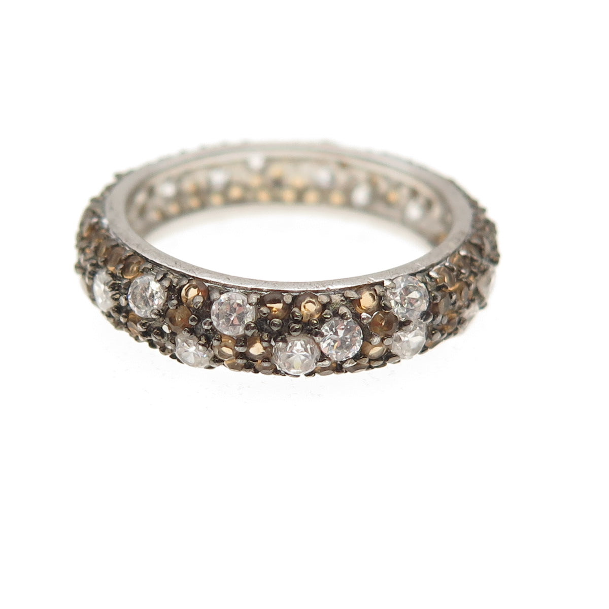 925 Sterling Silver Real Round-Cut Smoky Quartz & C Z Band Ring Size 6